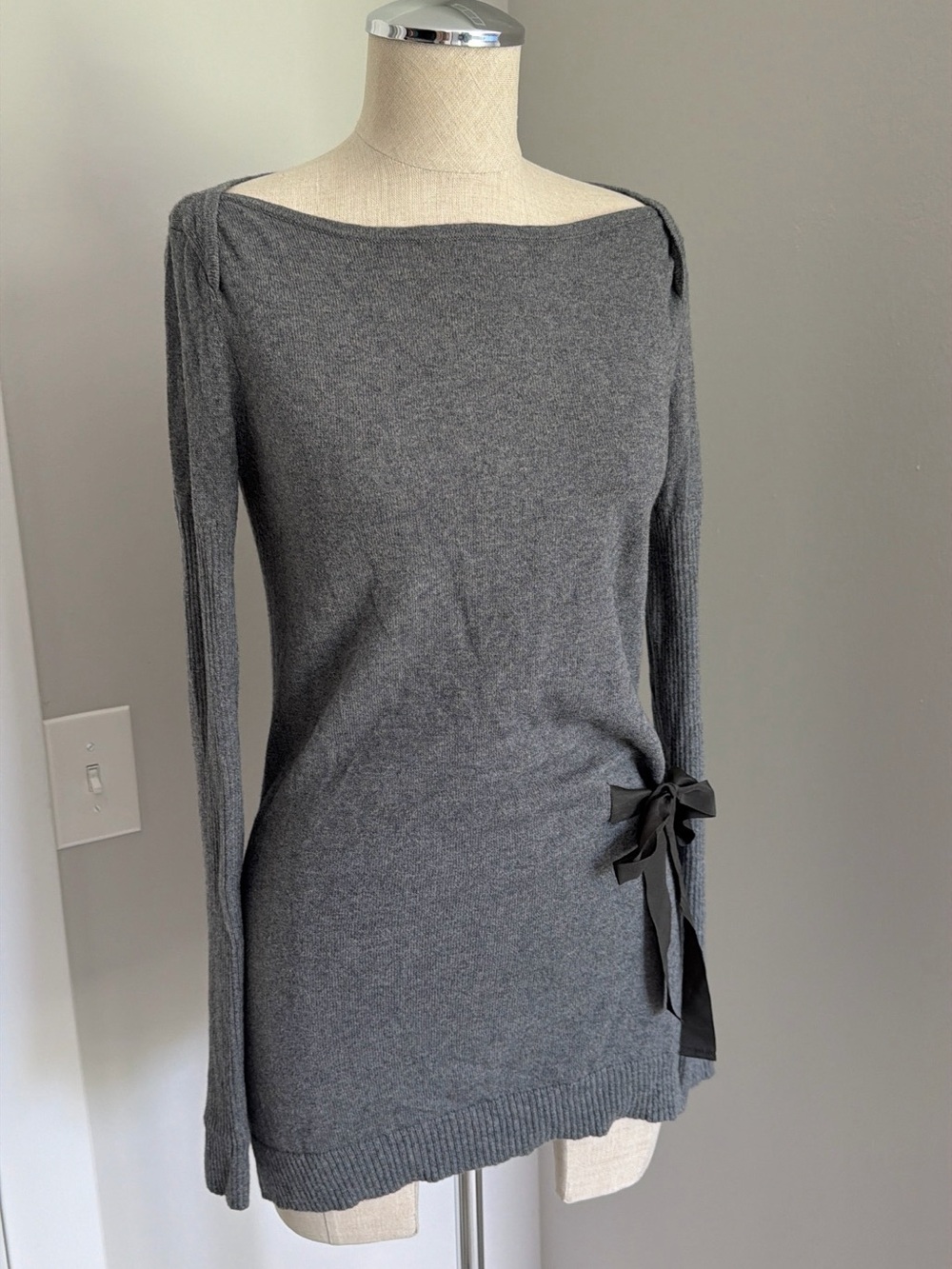 2000s LOFT Cashmere Cotton Gray Knit Boat Neck Bow Tie Waist Long Tunic Sweater
